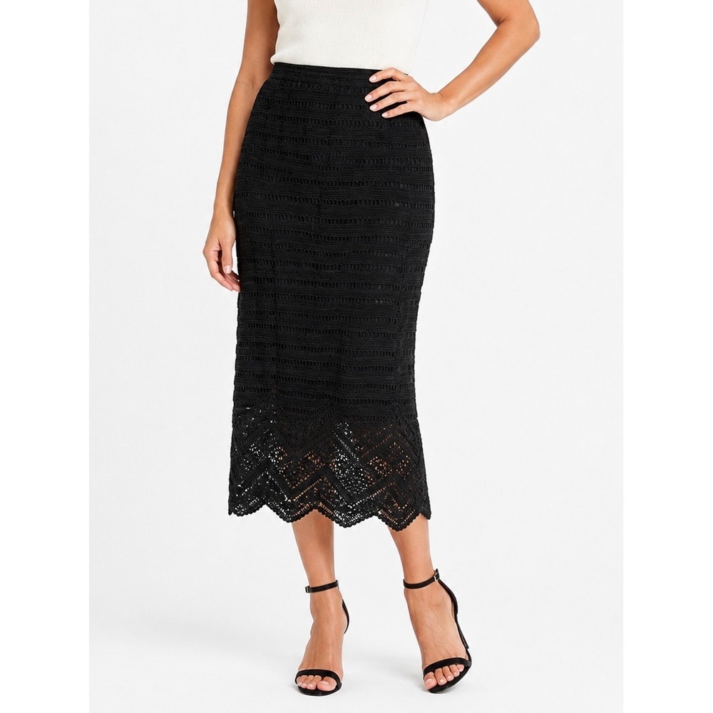 Chico's Crochet Heirloom Maxi Skirt Womens sz 1 Black Excellent Scalloped Hem